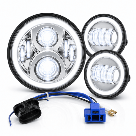Eagle Lights 7" LED Headlight and 4.5" LED Passing Light Kit with Halo Rings for Harley-Davidson® & Indian® Motorcycles - Generation II / Chrome / Halo Ring