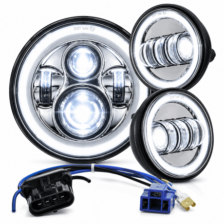 Eagle Lights 7" LED Headlight and 4.5" LED Passing Light Kit with Halo Rings for Harley-Davidson and Indian Motorcycles - Generation I / Chrome