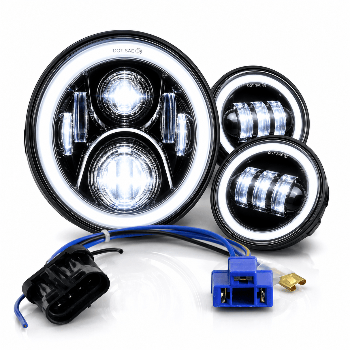 Eagle Lights 7" LED Headlight and 4.5" LED Passing Light Kit with Halo Rings for Harley-Davidson® and Indian Motorcycles - Generation II / Black / Halo Ring