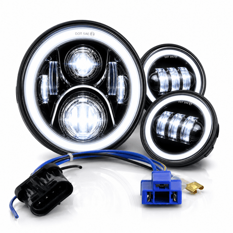 Eagle Lights 7" LED Headlight and 4.5" LED Passing Light Kit with Halo Rings for Harley-Davidson® and Indian Motorcycles - Generation II / Black / Halo Ring