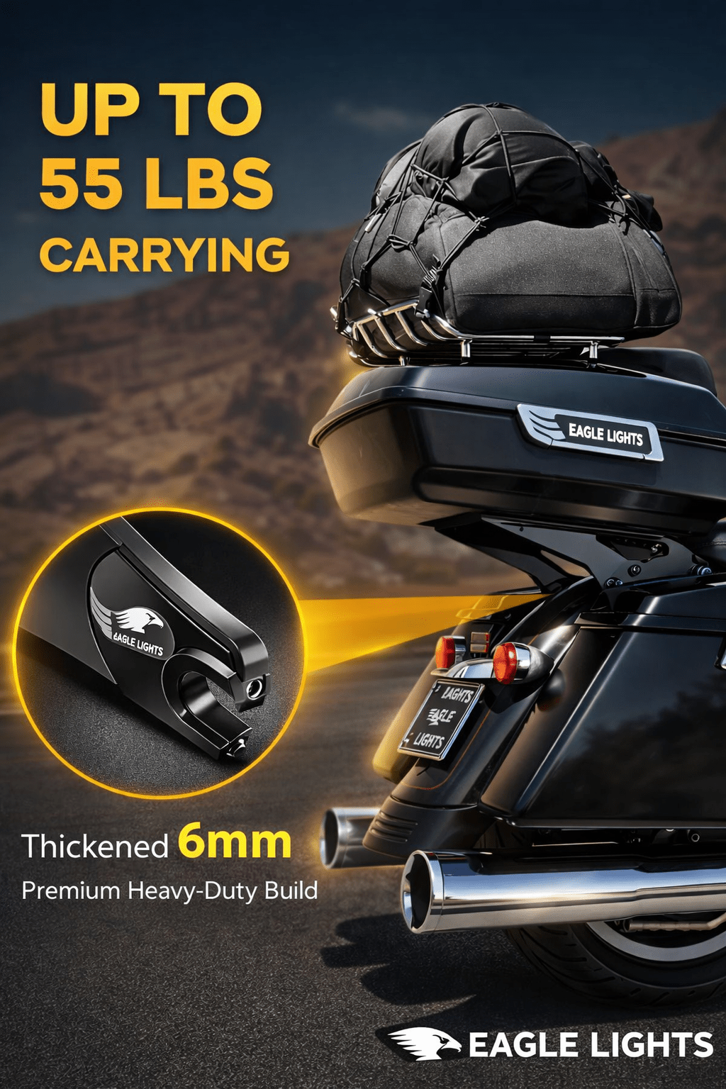 Eagle Lights Heavy-Duty Detachable Tour Pack Mount Rack – 55 lb Load Capacity for 2014+ Harley-Davidson Touring Models