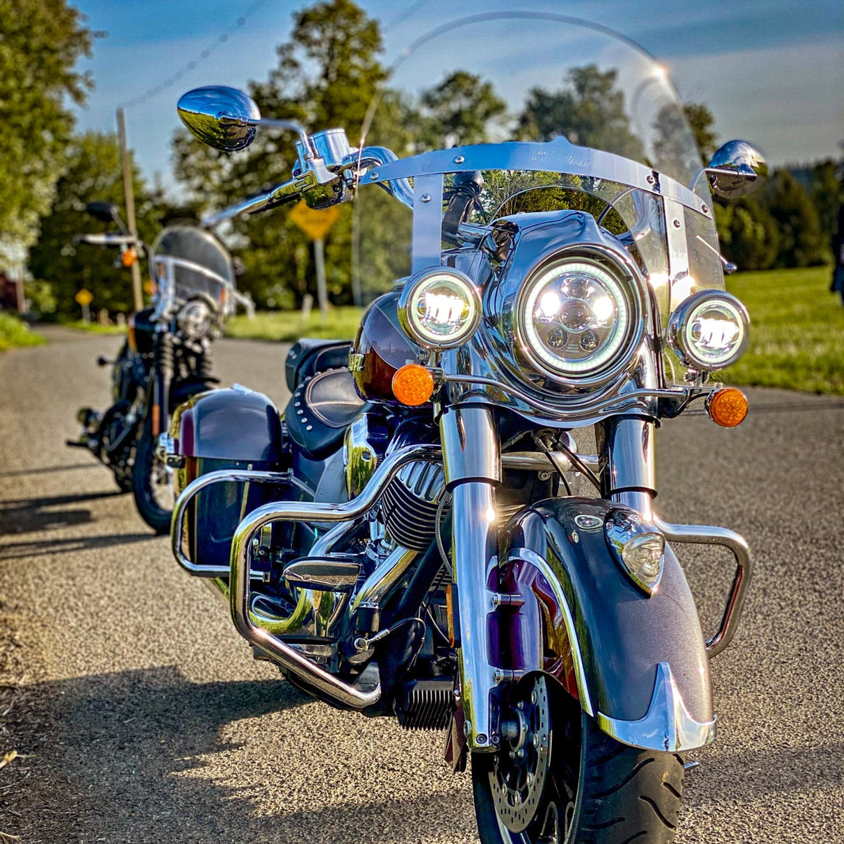 Eagle Lights 7" LED Headlight and 4.5" LED Passing Light Kit with Halo Rings for Harley & Indian Motorcycles - Generation III / Chrome / Halo Ring