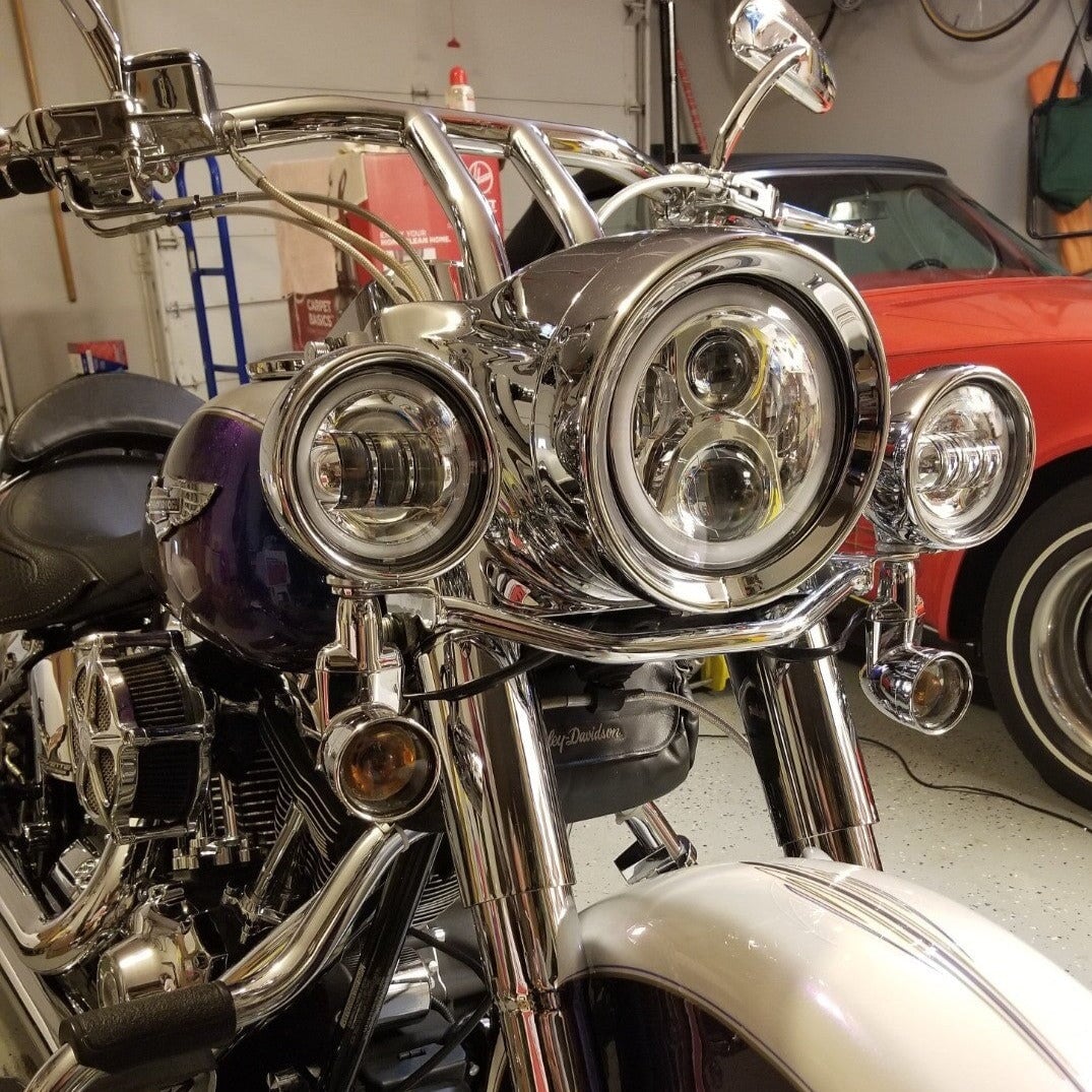 Eagle Lights 7" LED Headlight and 4.5" LED Passing Light Kit with Halo Rings for Harley-Davidson® & Indian® Motorcycles - Generation II / Chrome / Halo Ring