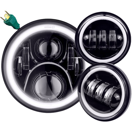 Eagle Lights 7" LED Headlight and 4.5" LED Passing Light Kit with Halo Rings for Harley-Davidson® and Indian Motorcycles - Generation II / Black / Halo Ring