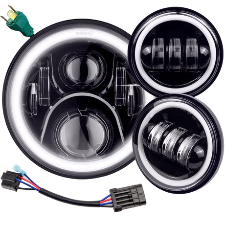 Eagle Lights 7" LED Headlight and 4.5" LED Passing Light Kit with Halo Rings for Harley-Davidson® and Indian Motorcycles - Generation II / Black / Halo Ring