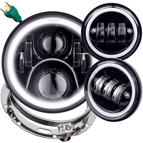 Eagle Lights 7" LED Headlight and 4.5" LED Passing Light Kit with Halo Rings for Harley-Davidson® and Indian Motorcycles - Generation II / Black / Halo Ring