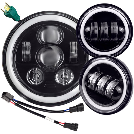 Eagle Lights 7" LED Headlight and 4.5" LED Passing Light Kit with Halo Rings for Harley-Davidson® & Indian® Motorcycles - Generation III / Black / Halo Ring