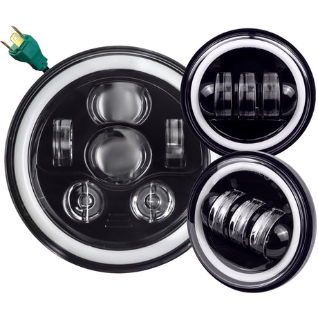 Eagle Lights 7" LED Headlight and 4.5" LED Passing Light Kit with Halo Rings for Harley-Davidson® & Indian® Motorcycles - Generation III / Black / Halo Ring