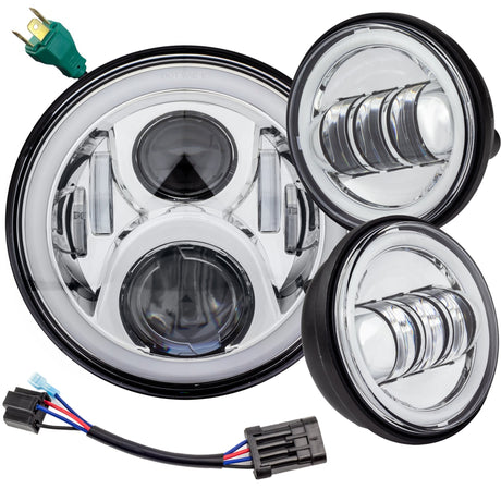 Eagle Lights 7" LED Headlight and 4.5" LED Passing Light Kit with Halo Rings for Harley-Davidson® & Indian® Motorcycles - Generation II / Chrome / Halo Ring