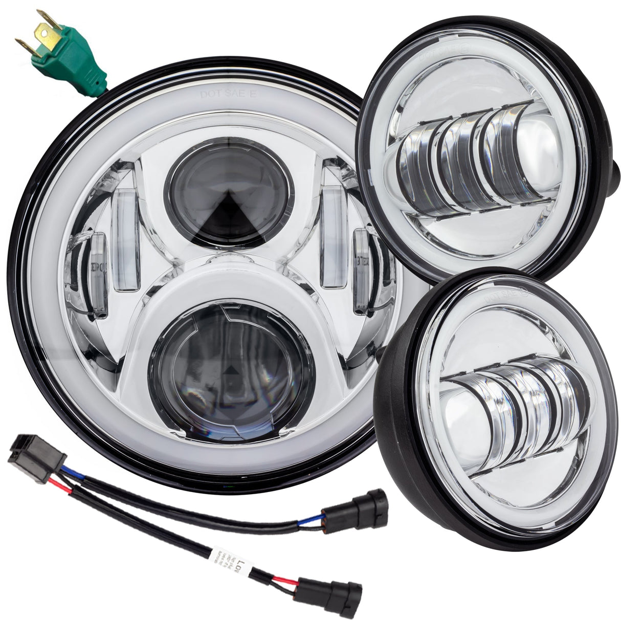 Eagle Lights 7" LED Headlight and 4.5" LED Passing Light Kit with Halo Rings for Harley & Indian Motorcycles - Generation II / Chrome / Halo Ring