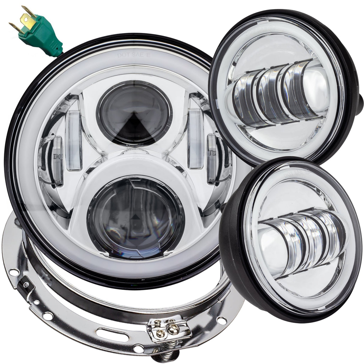 Eagle Lights 7" LED Headlight and 4.5" LED Passing Light Kit with Halo Rings for Harley & Indian Motorcycles - Generation II / Chrome / Halo Ring