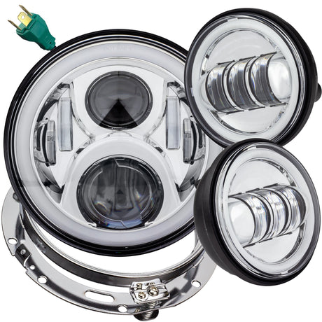 Eagle Lights 7" LED Headlight and 4.5" LED Passing Light Kit with Halo Rings for Harley-Davidson® & Indian® Motorcycles - Generation II / Chrome / Halo Ring