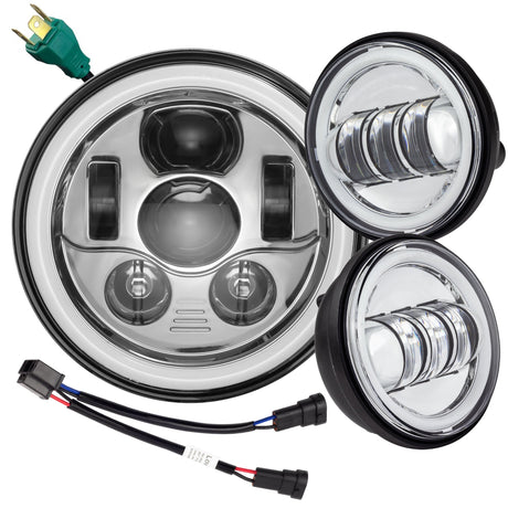 Eagle Lights 7" LED Headlight and 4.5" LED Passing Light Kit with Halo Rings for Harley-Davidson® & Indian® Motorcycles - Generation III / Chrome / Halo Ring