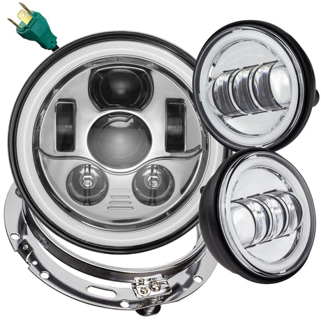 Eagle Lights 7" LED Headlight and 4.5" LED Passing Light Kit with Halo Rings for Harley-Davidson® & Indian® Motorcycles - Generation III / Chrome / Halo Ring