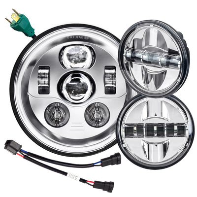 Eagle Lights 7" LED Headlight and 4.5" LED Passing Light Kit for Harley-Davidson® and Indian® Motorcycles - Generation III / Chrome