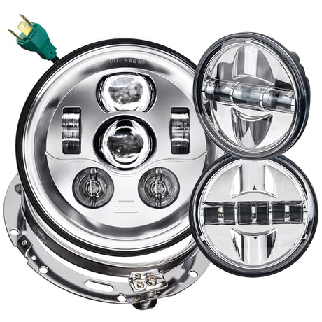 Eagle Lights 7" LED Headlight and 4.5" LED Passing Light Kit for Harley-Davidson® and Indian® Motorcycles - Generation III / Chrome