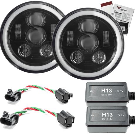 7” Halo LED Headlight Kits - Eagle Lights 7" Round LED Projection Headlight Generation III- Black - Halo Ring - Jeep Wrangler