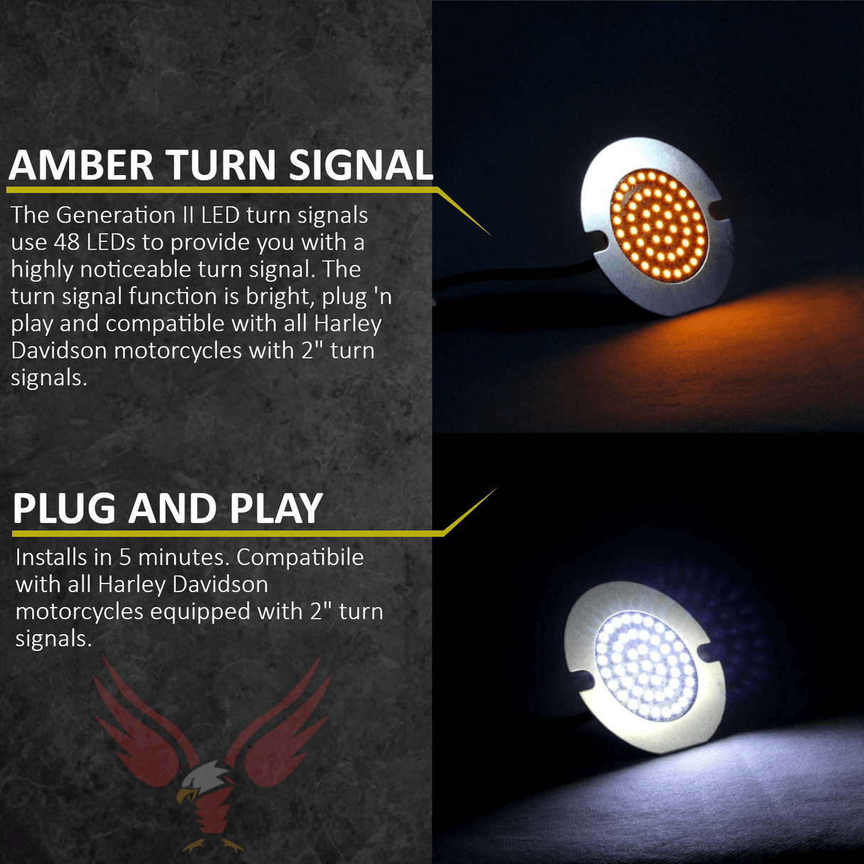 Eagle Lights 3 1/4" Front and Rear LED Turn Signal Kit For Harley Davidson Motorcycles - Generation II / Amber Rear Turn Signals