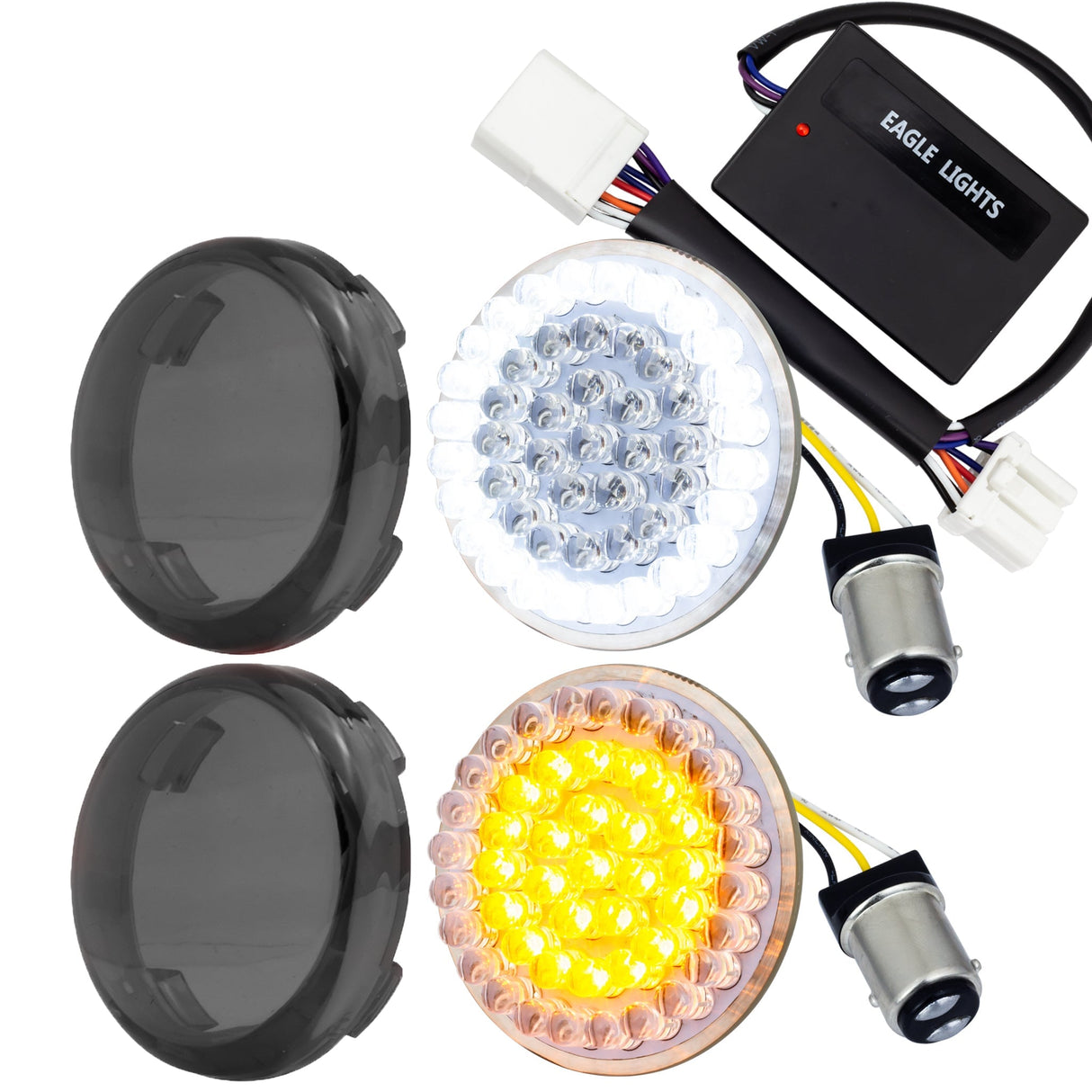 Eagle Lights 2” Front Harley LED Turn Signal with Halo Running Light Kit - White Halo Ring / Amber Turn Signal / 1157 Base