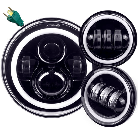 Eagle Lights 7" LED Headlight and 4.5" LED Passing Light Kit with Halo Rings for Harley-Davidson® and Indian® Motorcycles - Generation I / Black