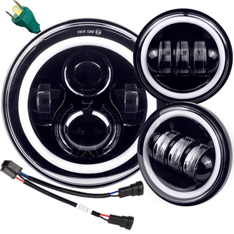 Eagle Lights 7" LED Headlight and 4.5" LED Passing Light Kit with Halo Rings for Harley-Davidson® and Indian® Motorcycles - Generation I / Black