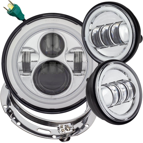 Eagle Lights 7" LED Headlight and 4.5" LED Passing Light Kit with Halo Rings for Harley-Davidson® and Indian Motorcycles - Generation I / Chrome