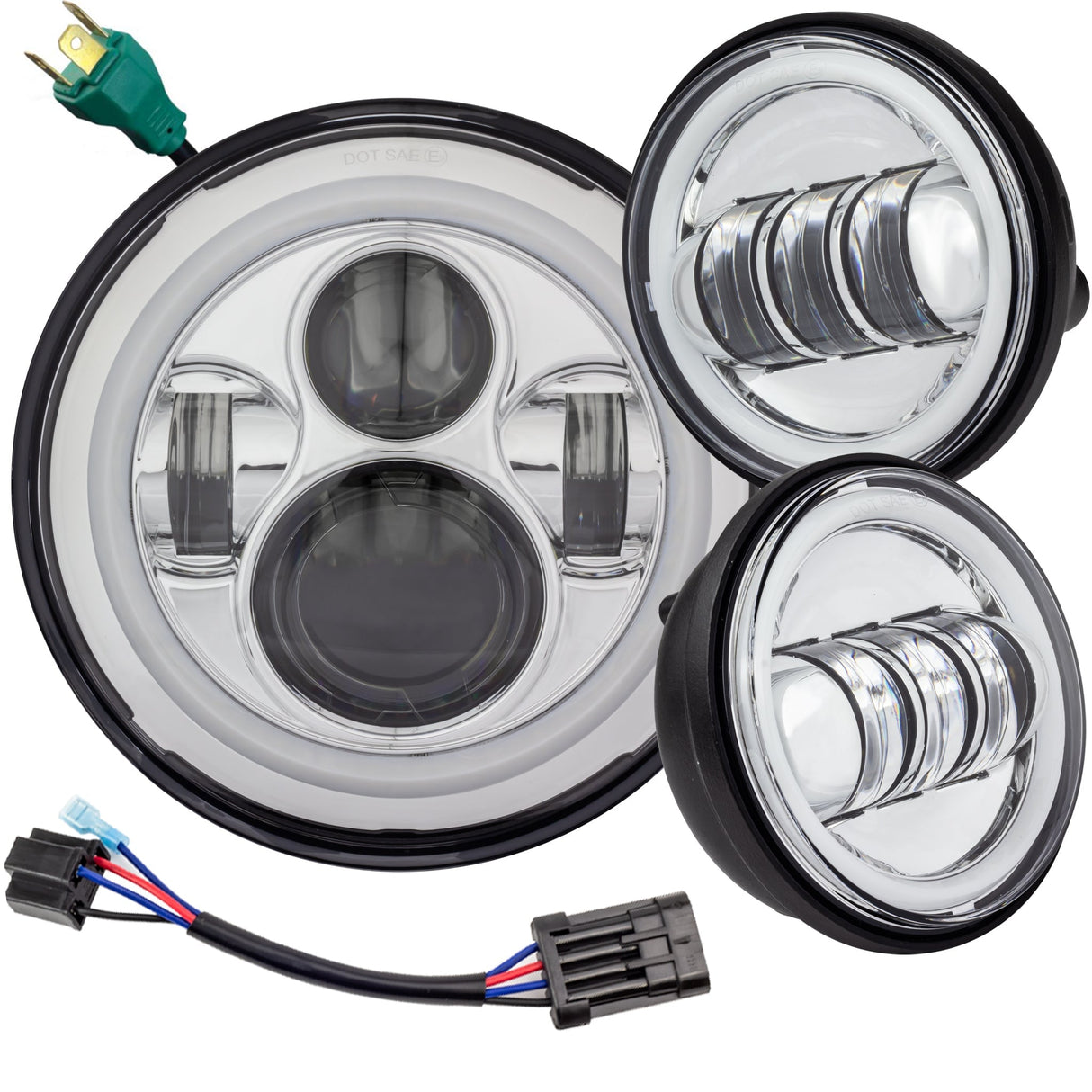 Eagle Lights 7" LED Headlight and 4.5" LED Passing Light Kit with Halo Rings for Harley Davidson and Indian Motorcycles - Generation I / Chrome