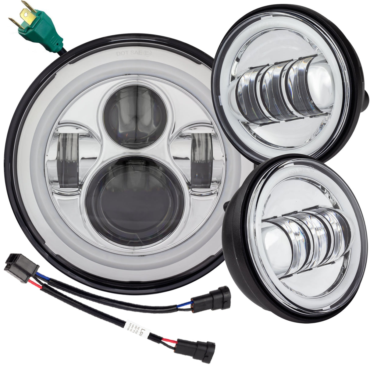 Eagle Lights 7" LED Headlight and 4.5" LED Passing Light Kit with Halo Rings for Harley Davidson and Indian Motorcycles - Generation I / Chrome