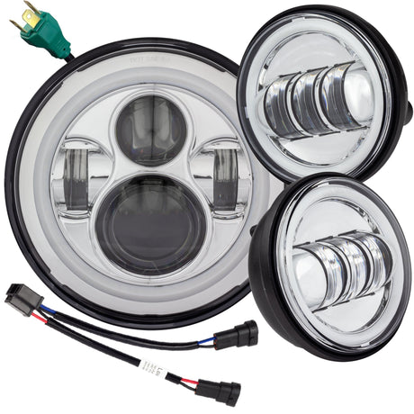Eagle Lights 7" LED Headlight and 4.5" LED Passing Light Kit with Halo Rings for Harley-Davidson® and Indian Motorcycles - Generation I / Chrome