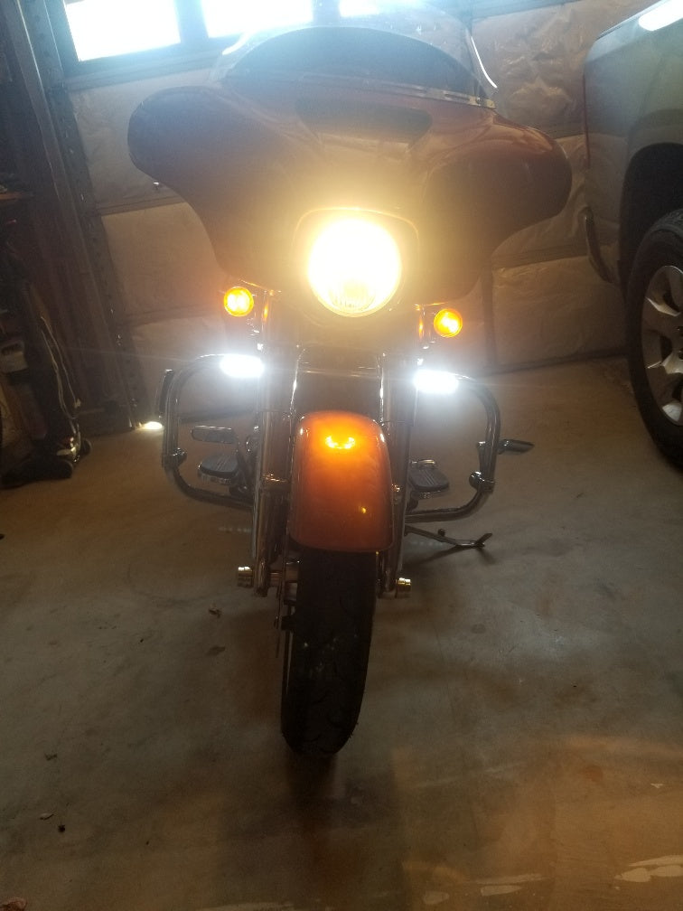 Eagle Lights Bar Mount Turn Signal and White Running Lights for Highway Bars, Handle Bars and Frame Tubes (White Amber LED for Crash Bars Harley Davidson Touring Bikes)